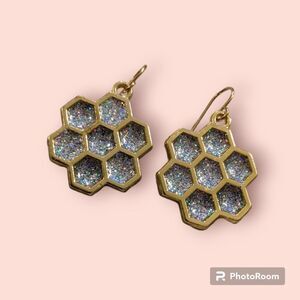 Honeycomb Glitter and Gold Earrings Shiny Bright Cute Hanging Jewelry